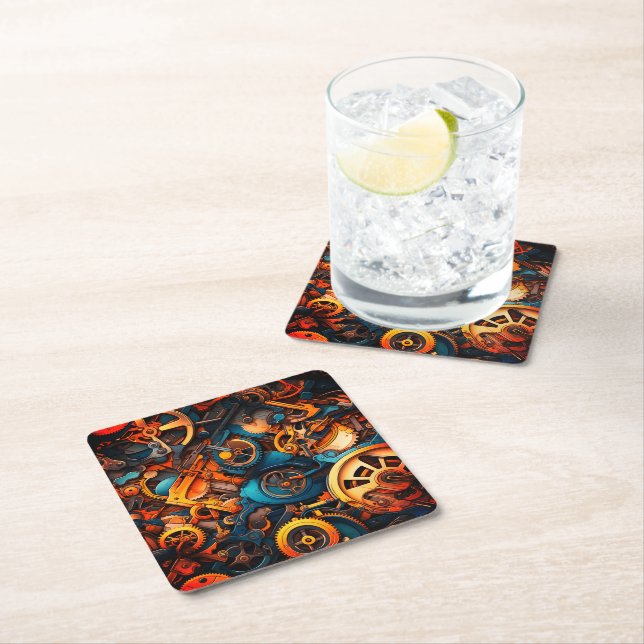 Artsy Gears Square Paper Coaster (Insitu)