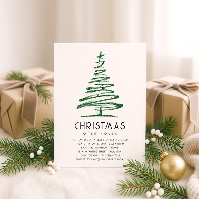 Artsy Green Glitter Tree Christmas Open House Invitation (Creator Uploaded)