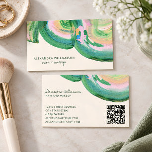 Artsy Green Pink Abstract Brushstroke Hair Makeup Business Card