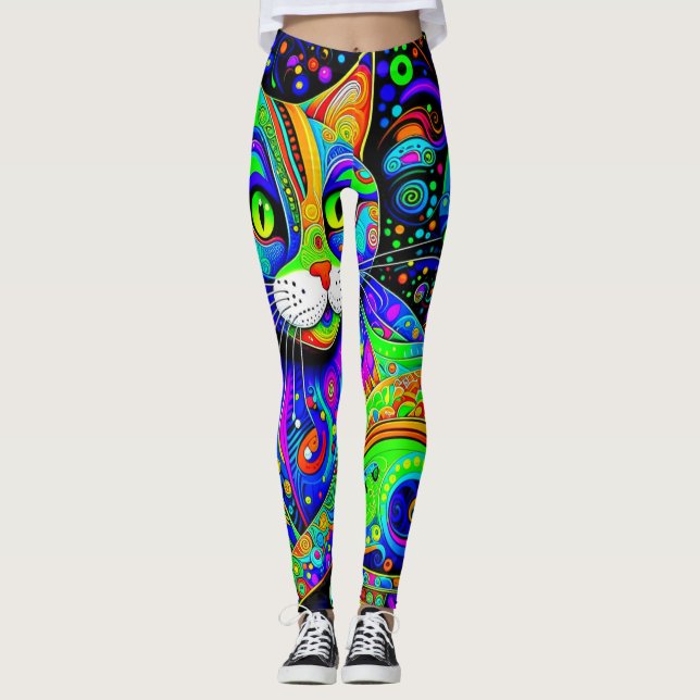 Artsy Haight-Ashbury Cat All-Over-Print Leggings (Front)