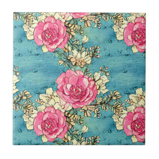 Artsy hand painted retro seamless Pink roses Blue Ceramic Tile
