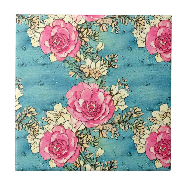 Artsy hand painted retro seamless Pink roses Blue Ceramic Tile (Front)