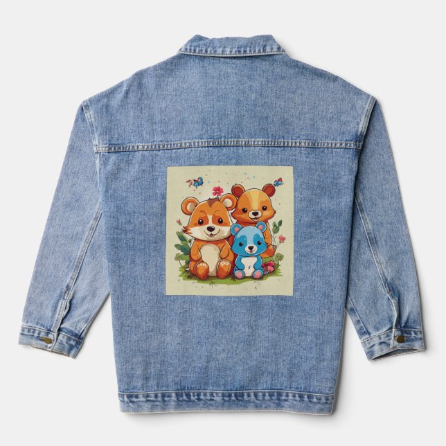Artsy Jungle Joy: Cute Creatures in Colour Denim Jacket (Back)