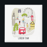 Artsy Map London England landmarks Characters Magnet<br><div class="desc">A modern stylized cartoon map of London England with people characters going about their day to day lives,  famous landmarks and a red double decker bus,  black taxi cab and red iconic phone box.</div>
