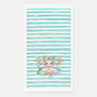 Artsy Mermaid on Blue Stripes Napkin