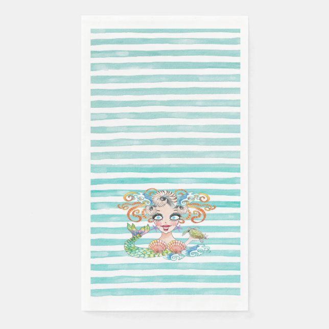 Artsy Mermaid on Blue Stripes Napkin (Front)