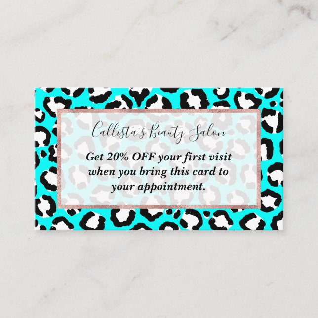 Artsy Modern Cyan Blue Leopard Animal Print Discount Card (Front)