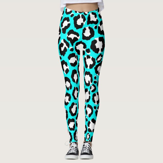 Artsy Modern Cyan Blue Leopard Animal Print Leggings (Front)