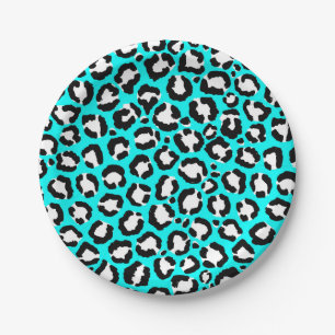 Artsy Modern Cyan Blue Leopard Animal Print Paper Plate