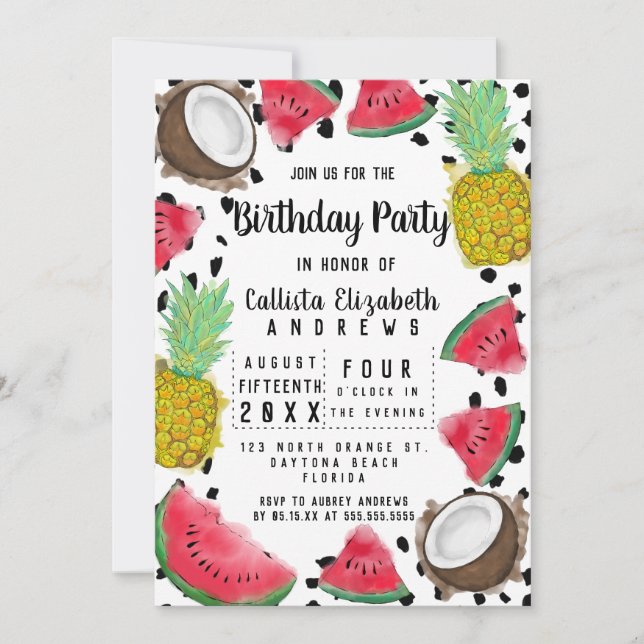 Artsy Modern Fruit Polka Dots Watercolor Birthday Invitation (Front)