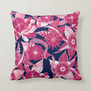 Artsy Modern Fuschia Navy Acrylic Floral Leaves Cushion