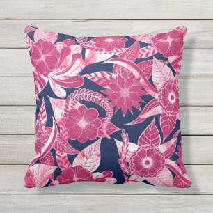 Artsy Modern Fuschia Navy Acrylic Floral Leaves Cushion