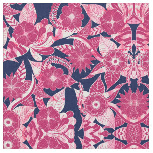 Artsy Modern Fuschia Navy Acrylic Floral Leaves Fabric
