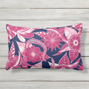 Artsy Modern Fuschia Navy Acrylic Floral Leaves Lumbar Cushion