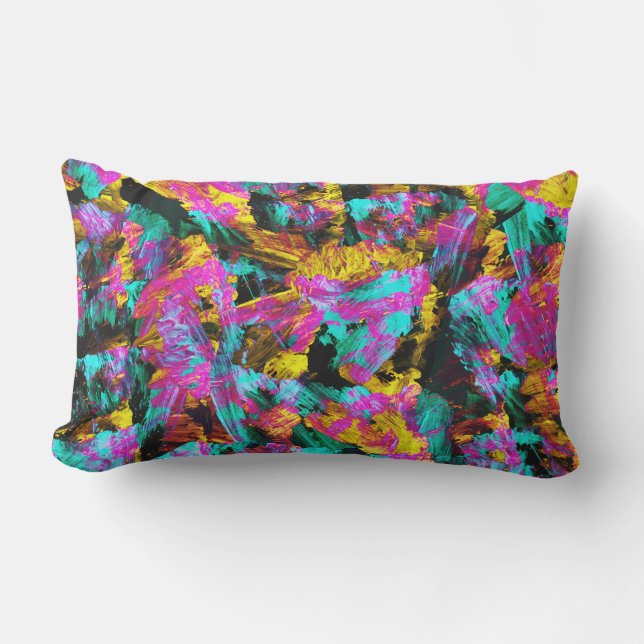 Artsy Modern Neon Colours Black Abstract Paint Art Lumbar Cushion (Front)