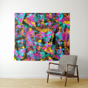 Artsy Modern Neon Colours Black Abstract Paint Art Tapestry