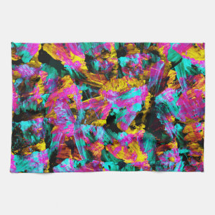 Artsy Modern Neon Colours Black Abstract Paint Art Tea Towel