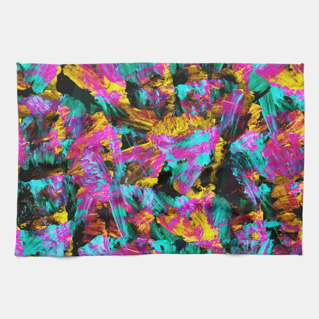 Artsy Modern Neon Colours Black Abstract Paint Art Tea Towel (Horizontal)
