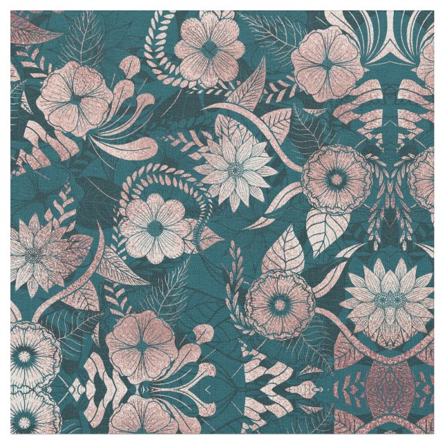 Artsy Modern Rose Gold Emerald Green Flowers Fabric (Close Up)