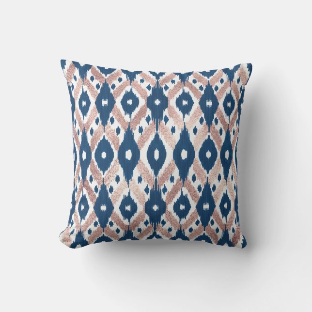 Artsy Modern Rose Gold Navy Blue Ikat Geo Cushion (Front)