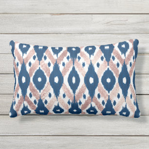 Artsy Modern Rose Gold Navy Blue Ikat Geo Lumbar Cushion