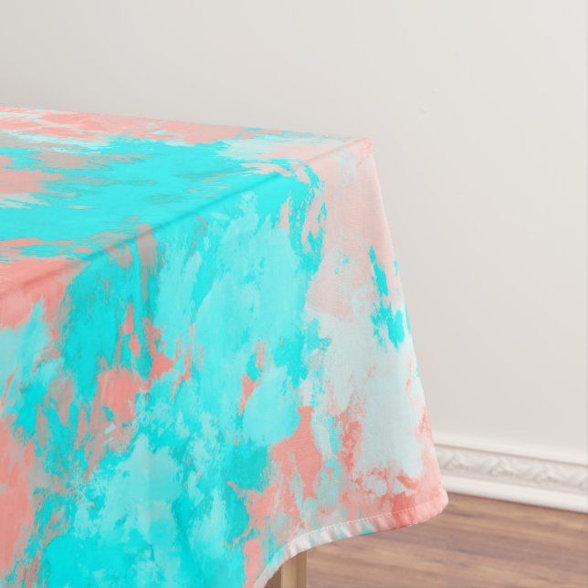 Artsy Modern Summer Coral Orange Aqua Abstract Tablecloth (In Situ)