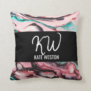 Artsy Modern Teal Pink Black Marble Paint Monogram Cushion