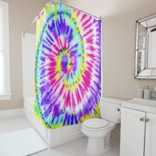 Artsy Neon Rainbow Tie Dye Watercolor Pattern Shower Curtain (In Situ)
