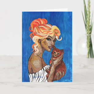 Artsy Newspaper Girl & Ginger Kitten Custom Card