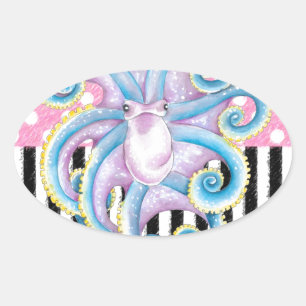 Artsy Octopus Pink Oval Sticker