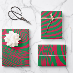 Artsy Op-Art Red Green Christmas Stripes Pattern Wrapping Paper Sheet