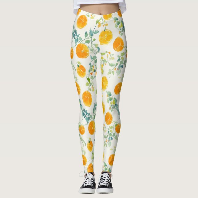 Artsy Orange Citrus And Leaves Watercolor Pattern Leggings (Front)