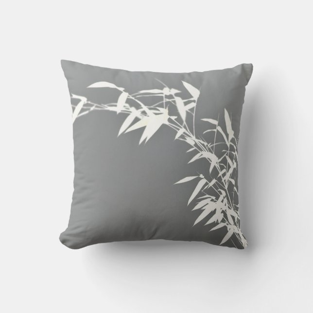 Artsy Oriental Zen Bamboo Shrub Grey & White Cushion (Front)