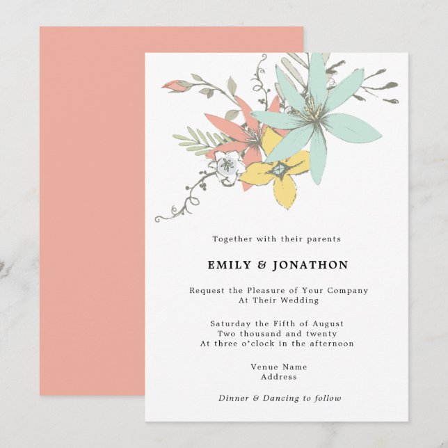 Artsy Pastel Floral Leaves Teal Coral Wedding Invitation (Front/Back)