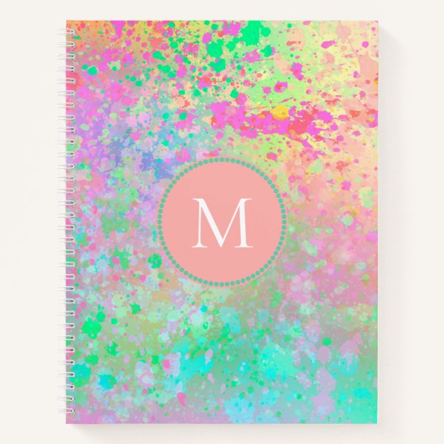 Artsy Pastel Paint Splatters Pink Teal Monogram Notebook (Front)