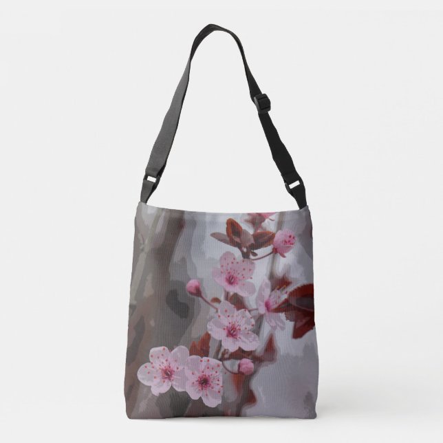 Artsy Pink Cherry Blossoms on Gray Customizable Crossbody Bag (Back)