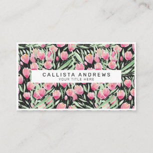 Artsy Pink Green Black Tulips Floral Watercolor Business Card