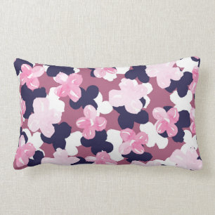 Artsy Pink Navy Blue Watercolor Floral Pattern Lumbar Cushion