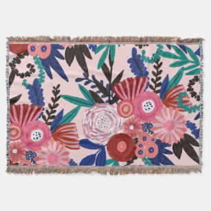 Artsy Pink Red Blue Acrylic Painted Flowers Leaves Throw Blanket