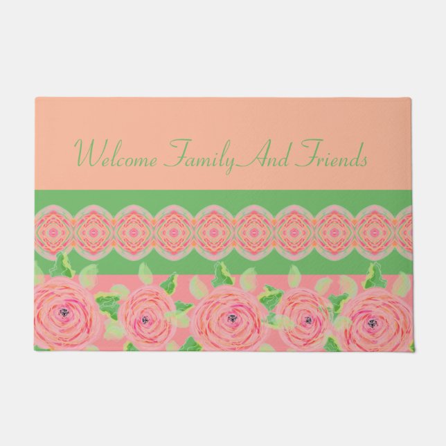 Artsy Pink Rose Floral Accented Door Mat (Front)