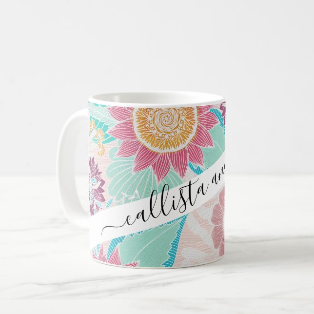 Artsy Pink Teal Flowers Leaves Oil Painted Pattern Coffee Mug (Front Left)