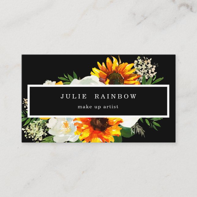 Artsy Sunflower Floral Black Business Card (Front)
