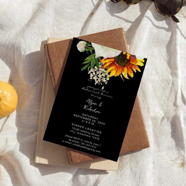 Artsy Sunflower Floral Rehearsal Dinner - Black Invitation (Creator Uploaded)