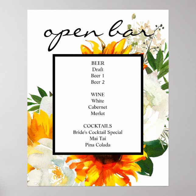 Artsy Sunflower White Floral Bar Sign Poster (Front)