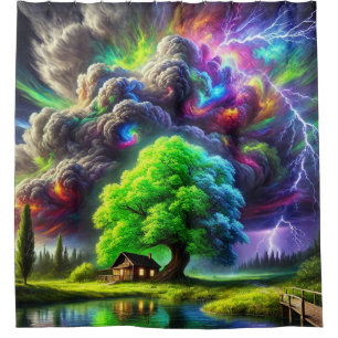 Artsy Tree and Sunset Scene Shower Curtain