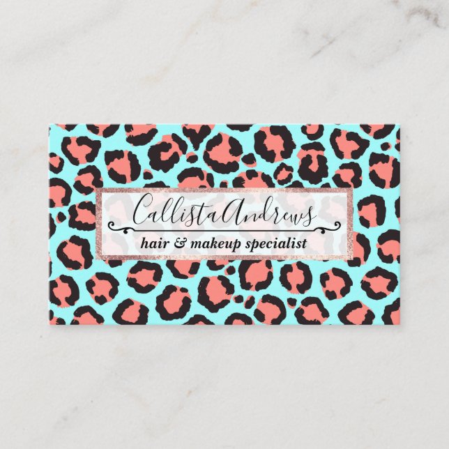 Artsy Trendy Coral Mint Teal Leopard Animal Print Business Card (Front)