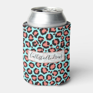 Artsy Trendy Coral Mint Teal Leopard Animal Print Can Cooler