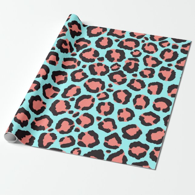 Artsy Trendy Coral Mint Teal Leopard Animal Print Wrapping Paper (Unrolled)