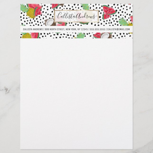 Artsy Tropical Fruit Polka Dots Watercolor Pattern Custom Letterhead (Front)