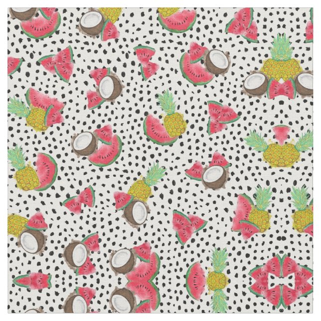 Artsy Tropical Fruit Polka Dots Watercolor Pattern Fabric (Close Up)